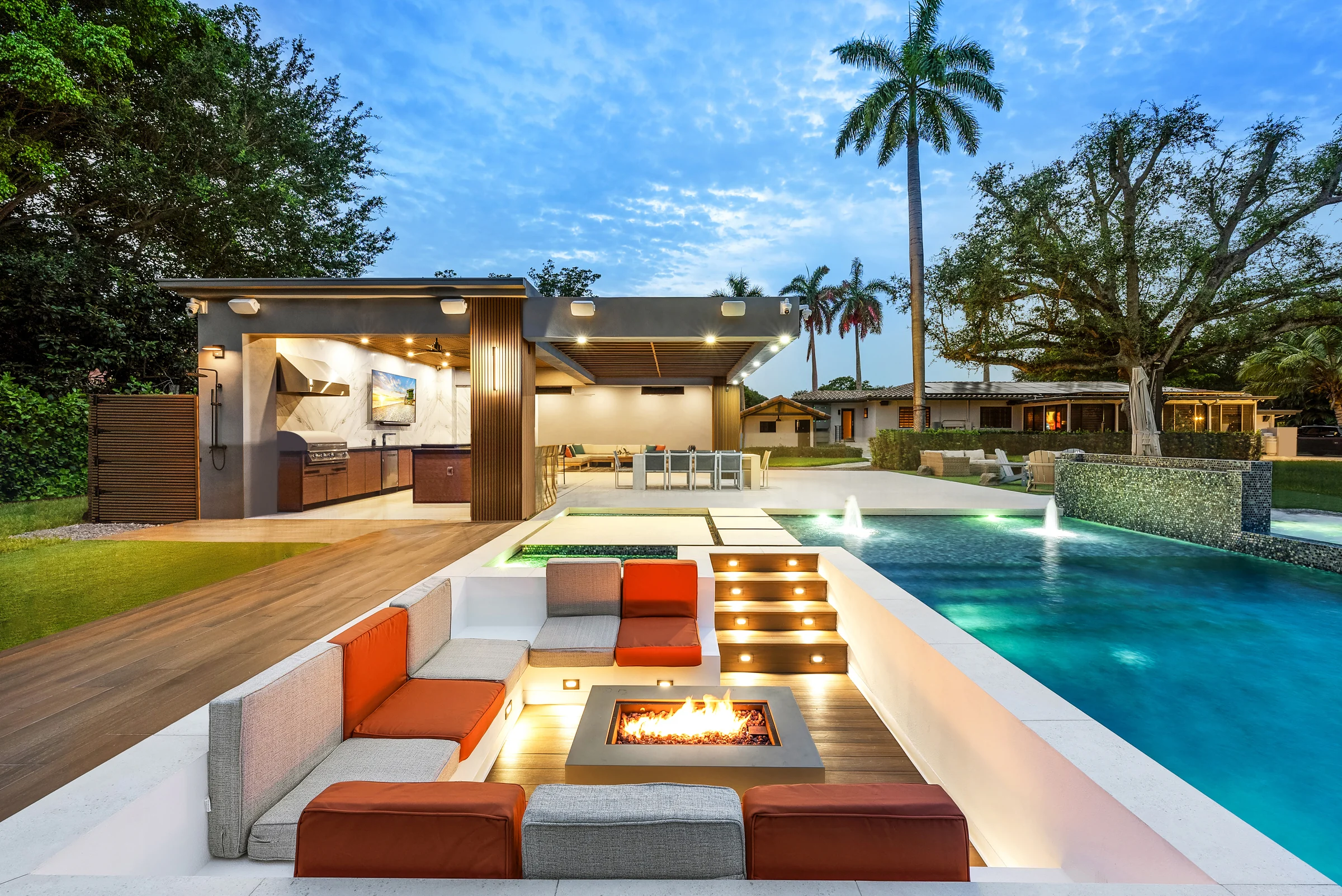 139 BP pool and sunken lounge at dusk